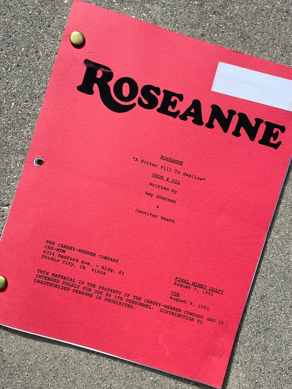 Roseanne Original 1991 Production Used Final Draft Script Bitter Pill To Swallow